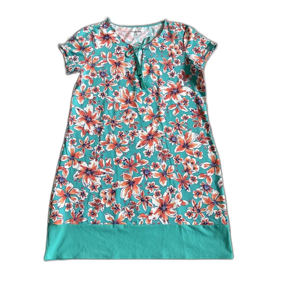 Lands End Dress Womens Small Aqua Blue Orange Floral Hawaiian Cover up Stretch
